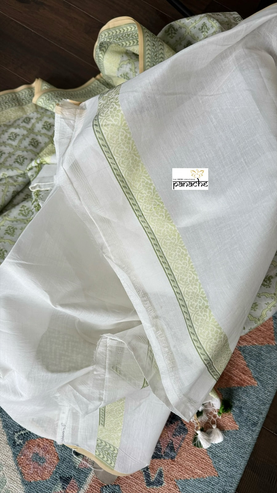 Kora Cotton Banarasi - Offwhite Green