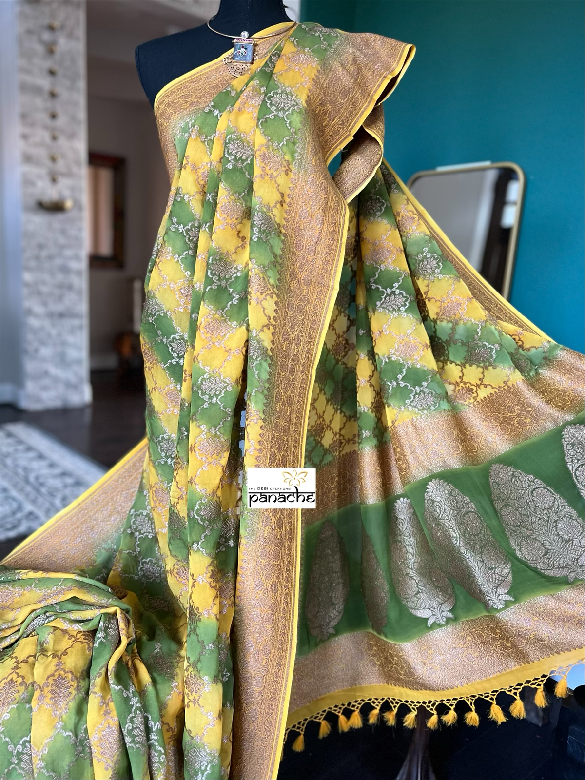 Khaddi Georgette Banarasi - Yellow Green Shaded