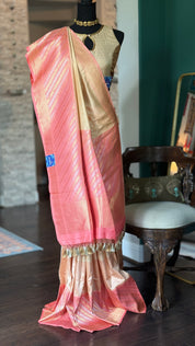 Pure Katan Silk Benarasi - Ivory Pink Golden Silver Zari