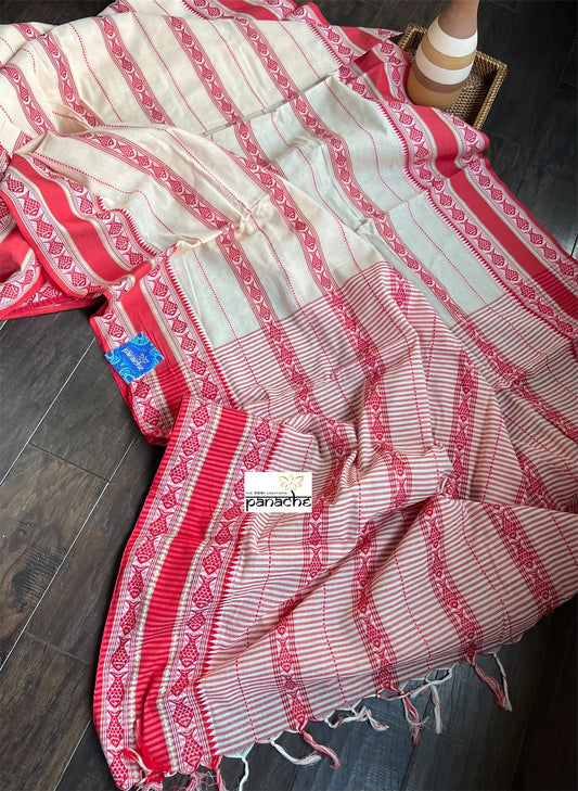 Dhonekhali Cotton Saree - White Red Black