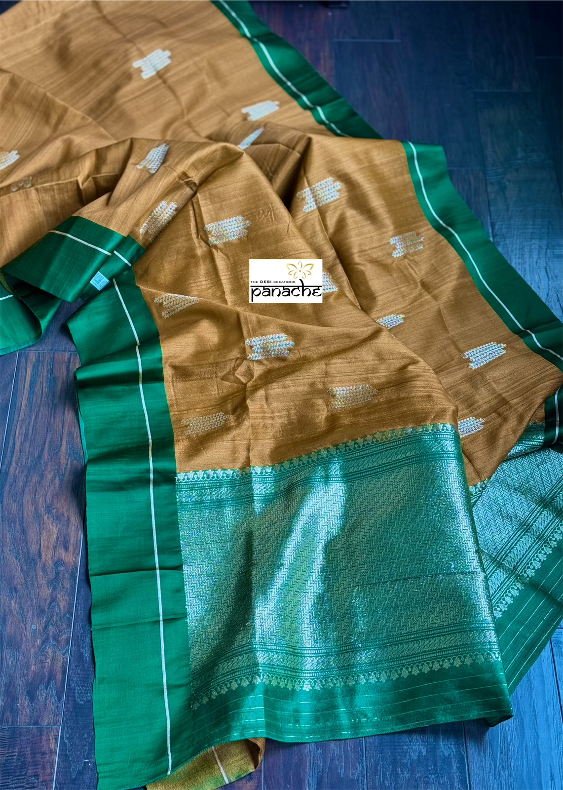 Tussar Silk Banarasi - Ochre Brown Green Antique Zari