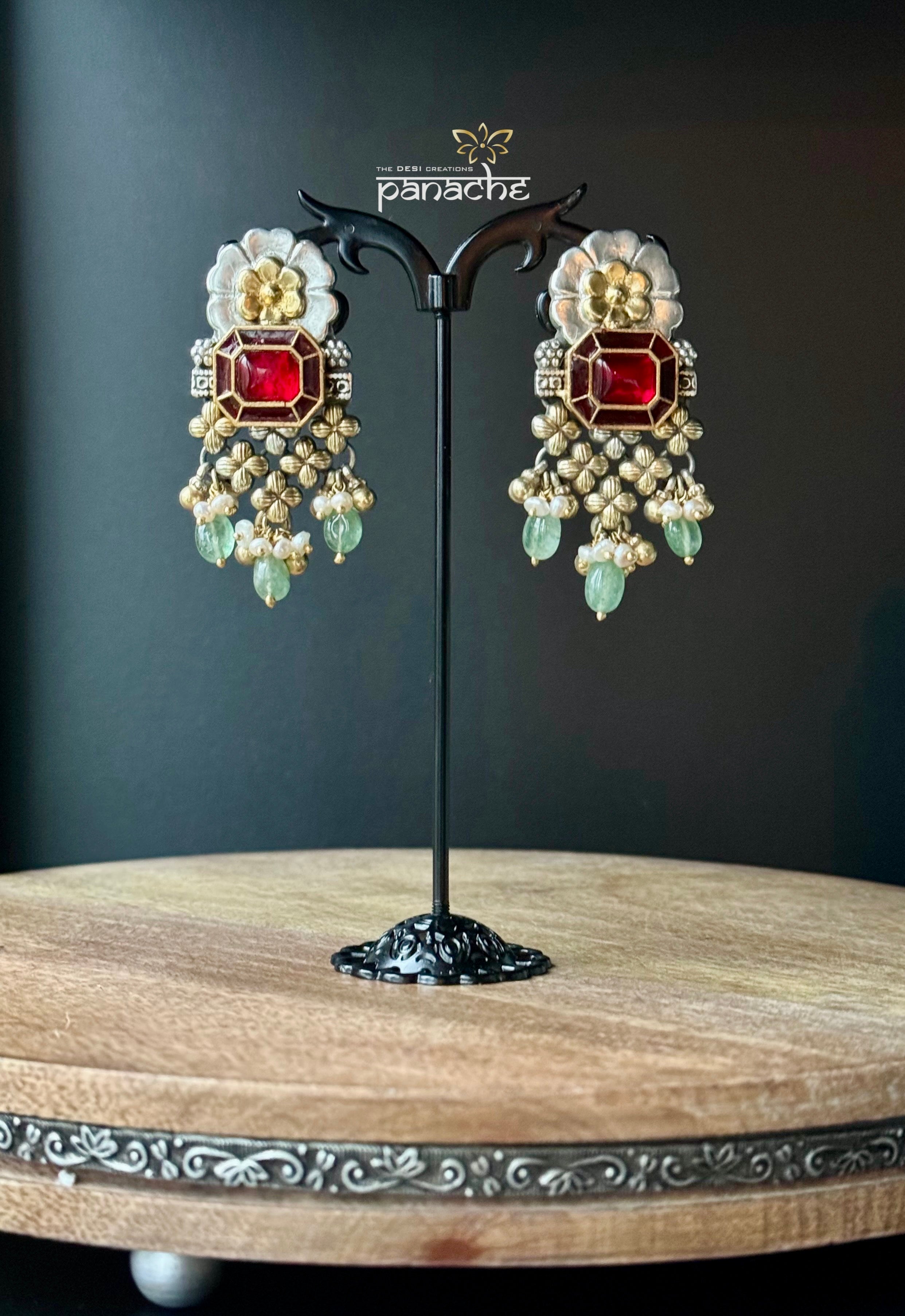 Earring 925 Silver- Red Kundan Pearl