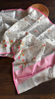 Designer Organza Tissue - Silver Grey Pink Embroidered