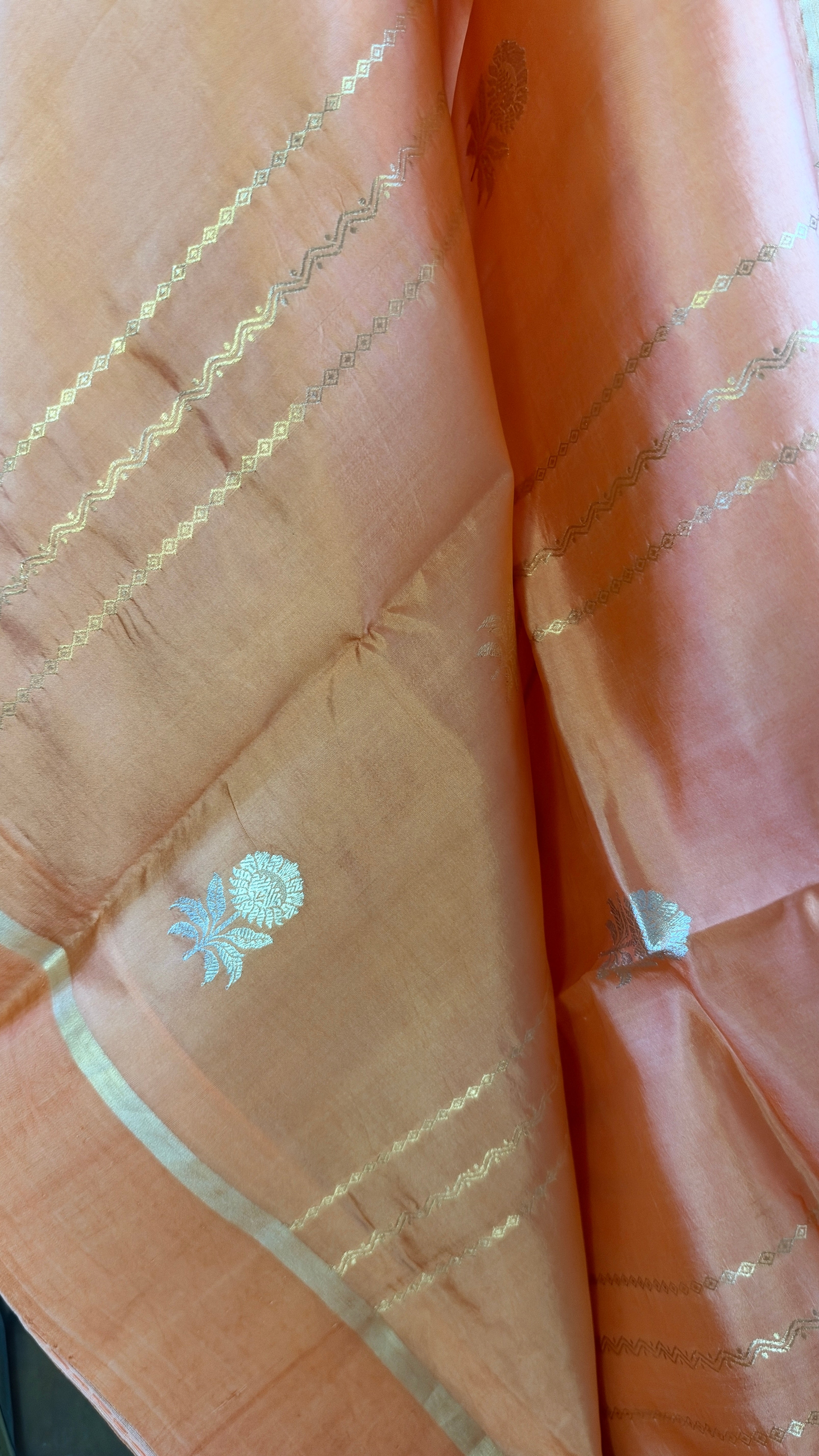 Pure Silk Banarasi Khadhua - Peach Golden Zari