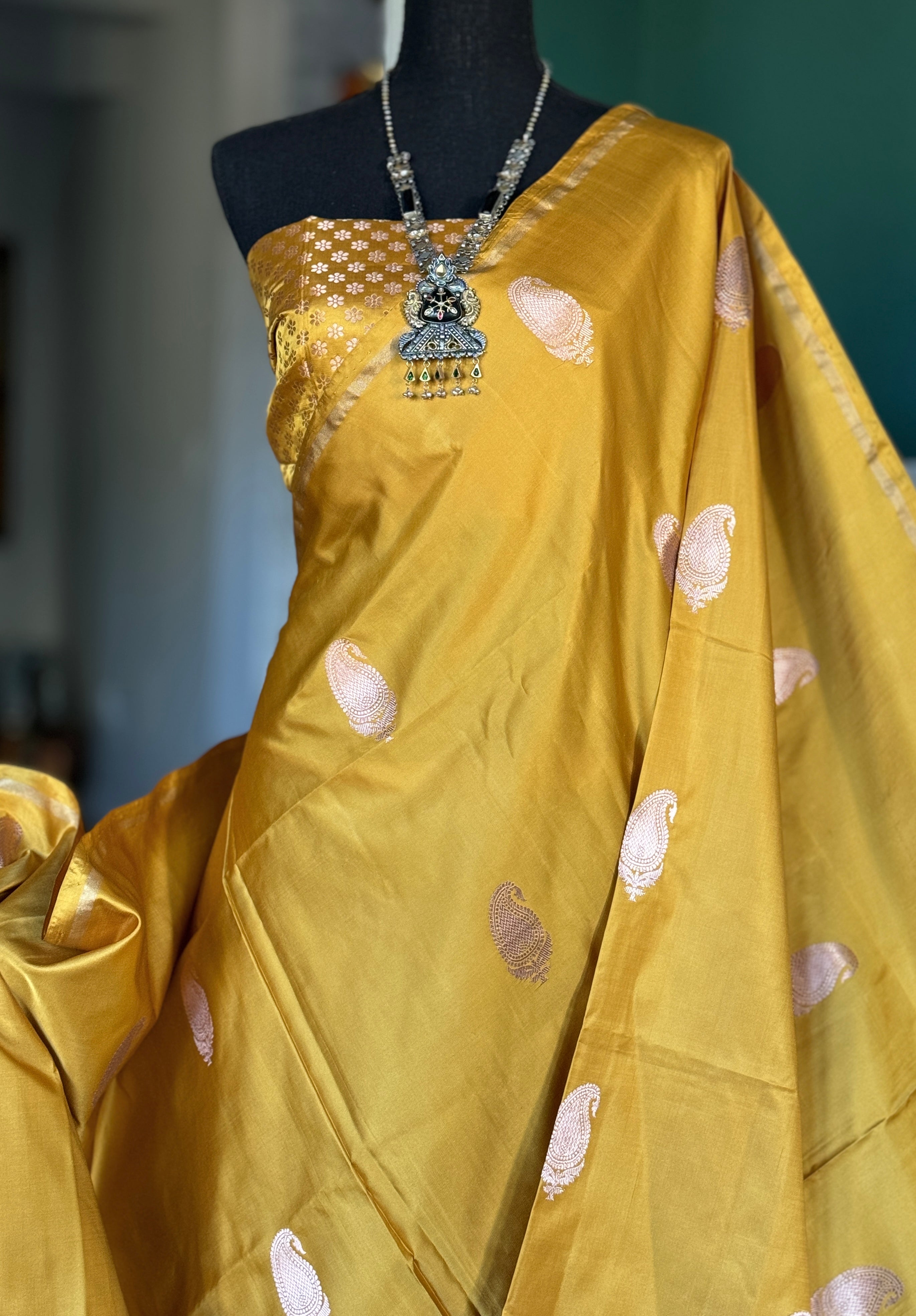 Pure Silk Mashru Banarasi- Ochre Yellow