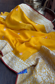Khaddi Georgette Banarasi - Yellow Red Khadhua Woven