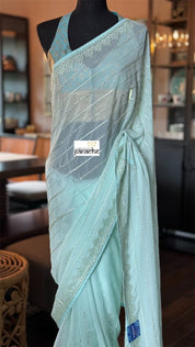 Designer Georgette Organza - Mint Hand Embroidered