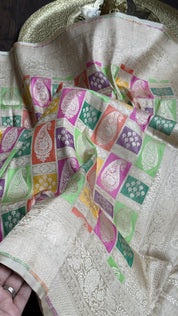 Pure Silk Rangkat Banarasi - Light Cream Beige Brown Multi shaded