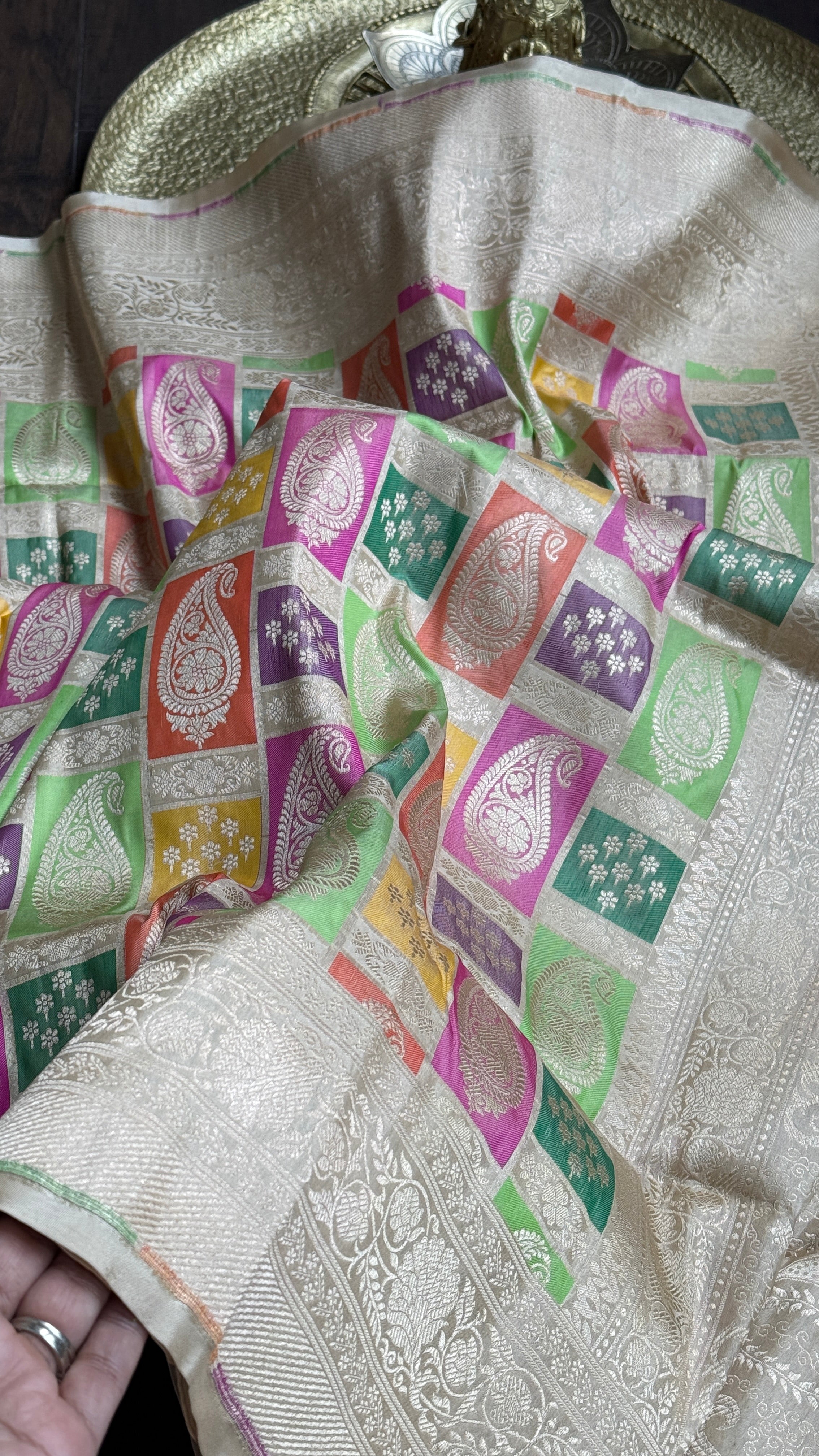 Pure Silk Rangkat Banarasi - Light Cream Beige Brown Multi shaded