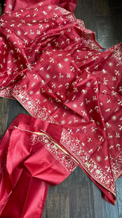 Tussar Silk - Red Worli Embroidered