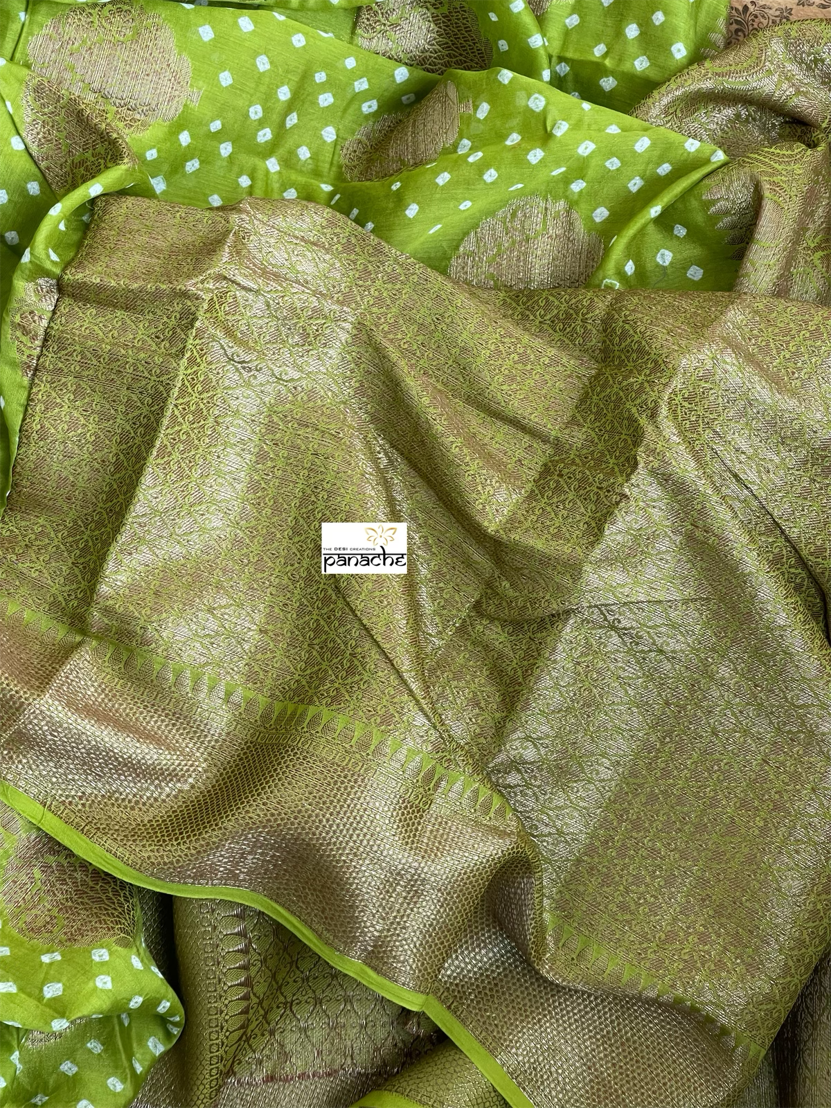 Silk Cotton Bandhani Banaras Chanderi - Green Gold Zari