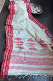 Pure Khadi Cotton Jamdani Handwoven - Off White Red