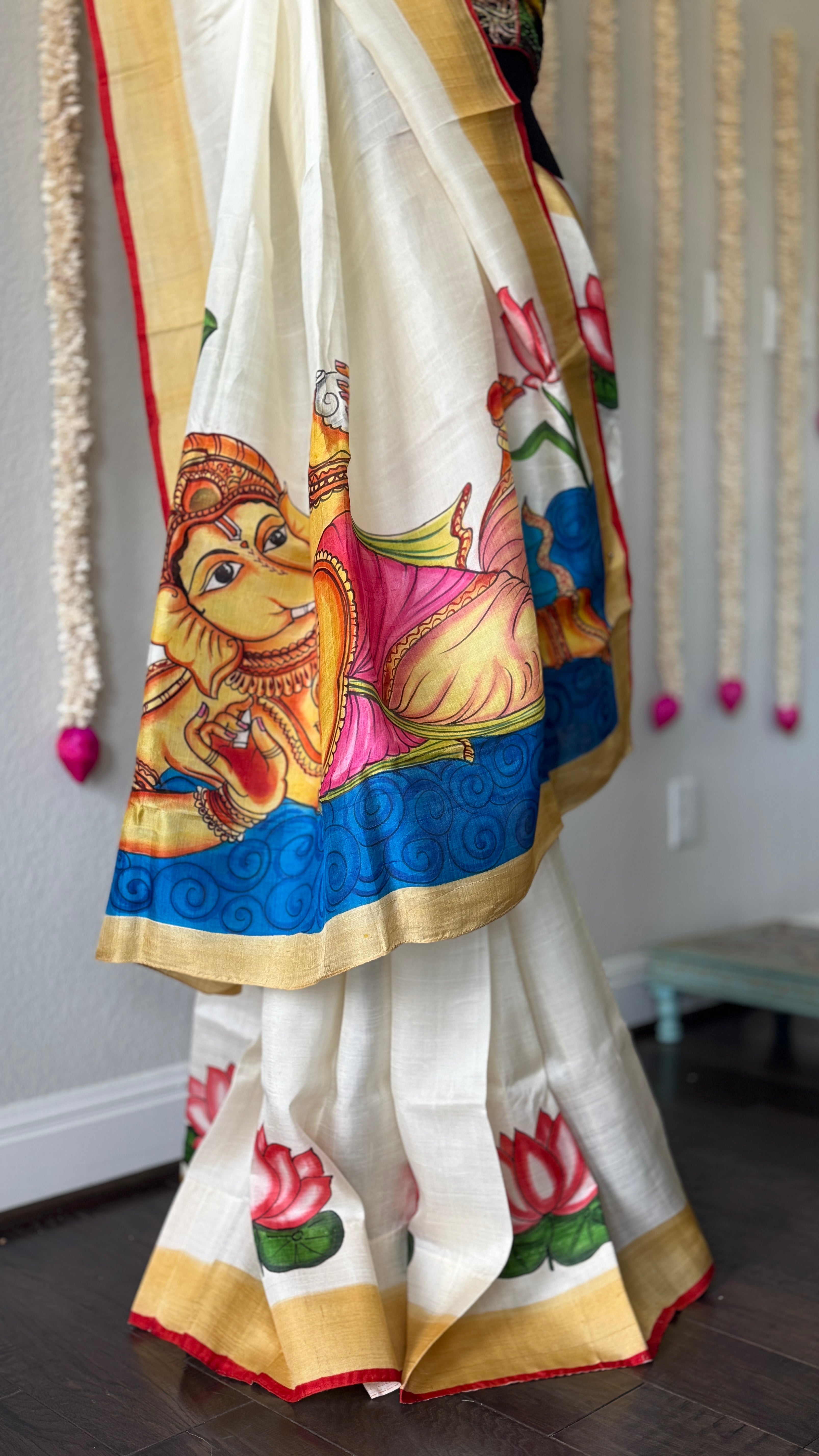 Hand Painted Tussar Silk - Cream White Ganesha