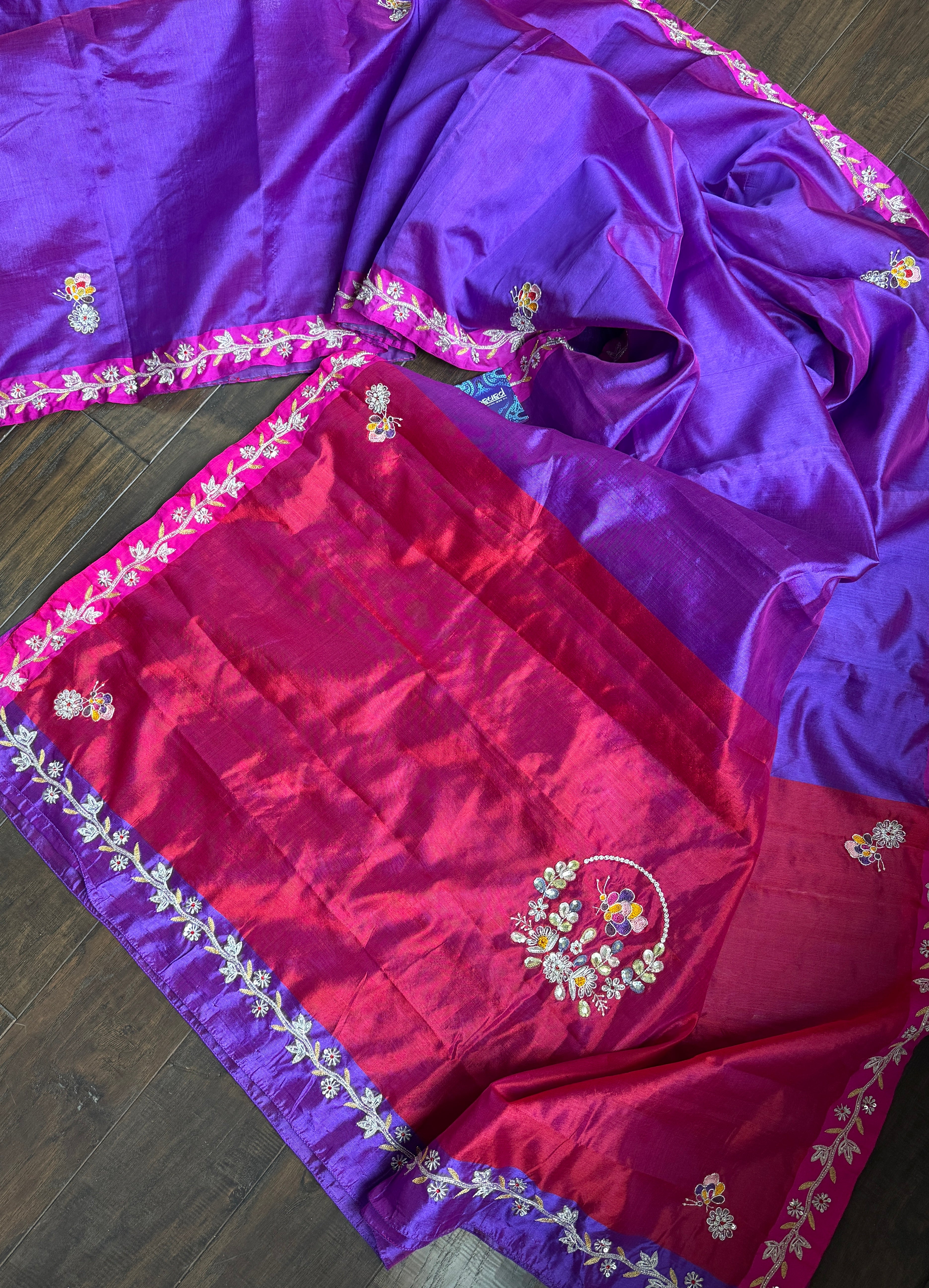 Hand Zardozi Pure Chanderi Pattu Silk - Purple Red Woven