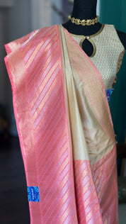 Pure Katan Silk Benarasi - Ivory Pink Golden Silver Zari