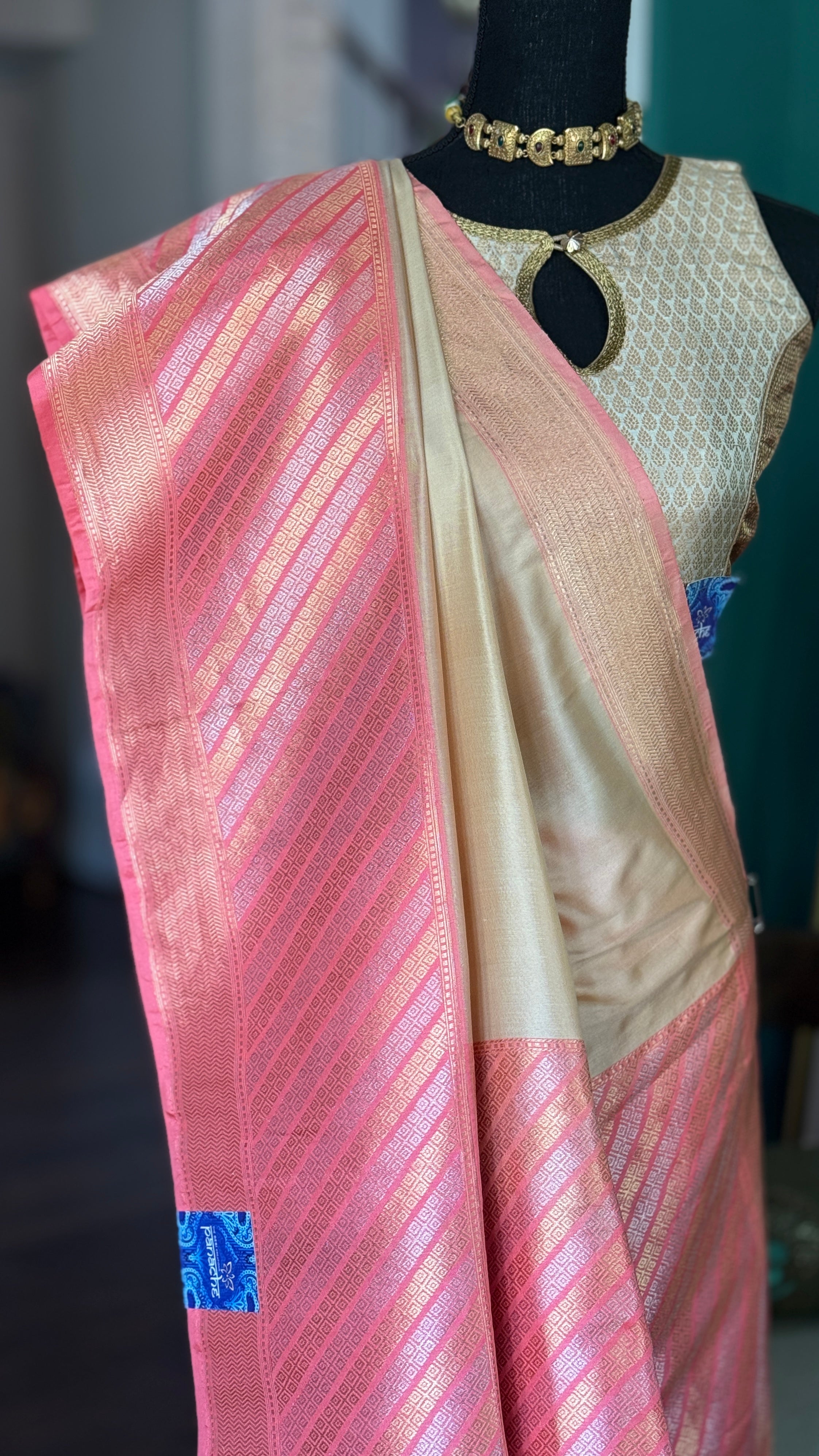Pure Katan Silk Benarasi - Ivory Pink Golden Silver Zari
