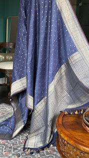 Tussar Silk Banarasi - Grey Blue Antique Zari