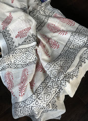 Linen Printed - Off-White Silver Zari