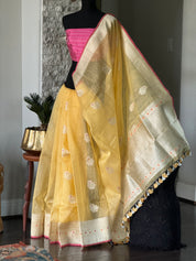 Linen Silk Banarasi - Yellow Pink