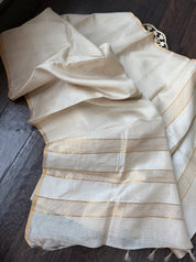 Pure Tussar Silk - Beige Golden Zari Checks