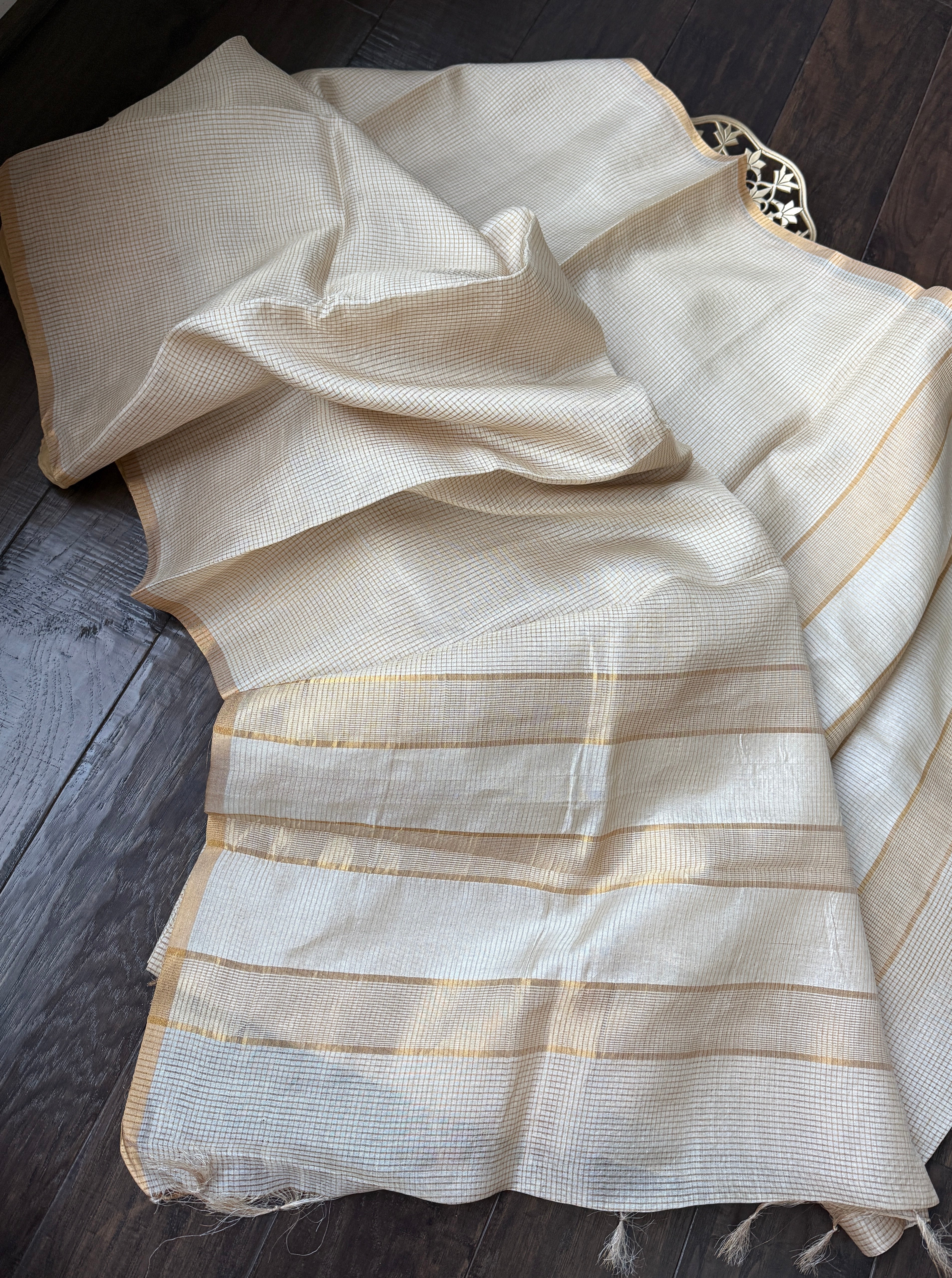 Pure Tussar Silk - Beige Golden Zari Checks