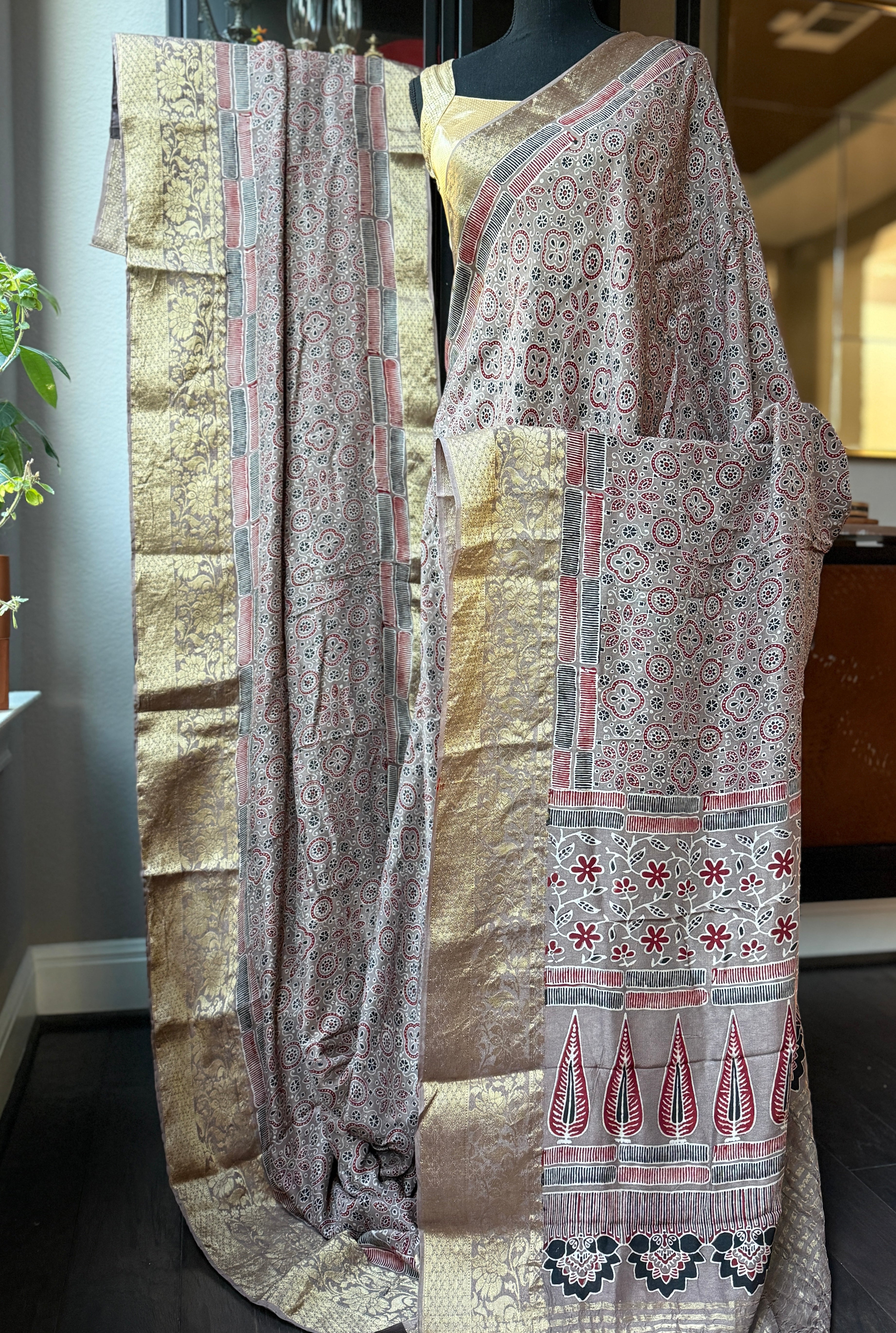 Dola Silk Ajrakh - Light Mocha Brown