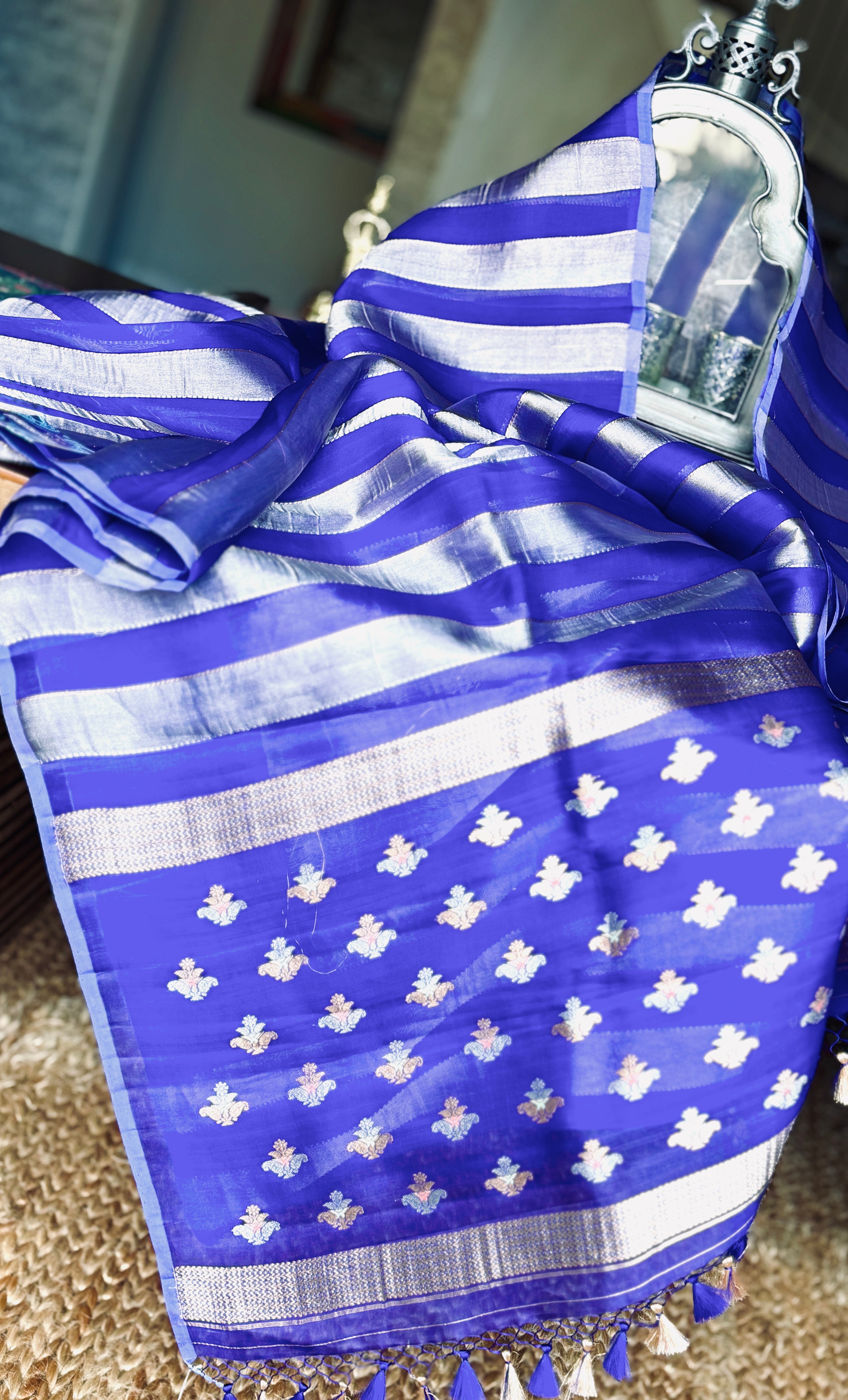 Kora Silk Banarasi - Purple Blue Striped