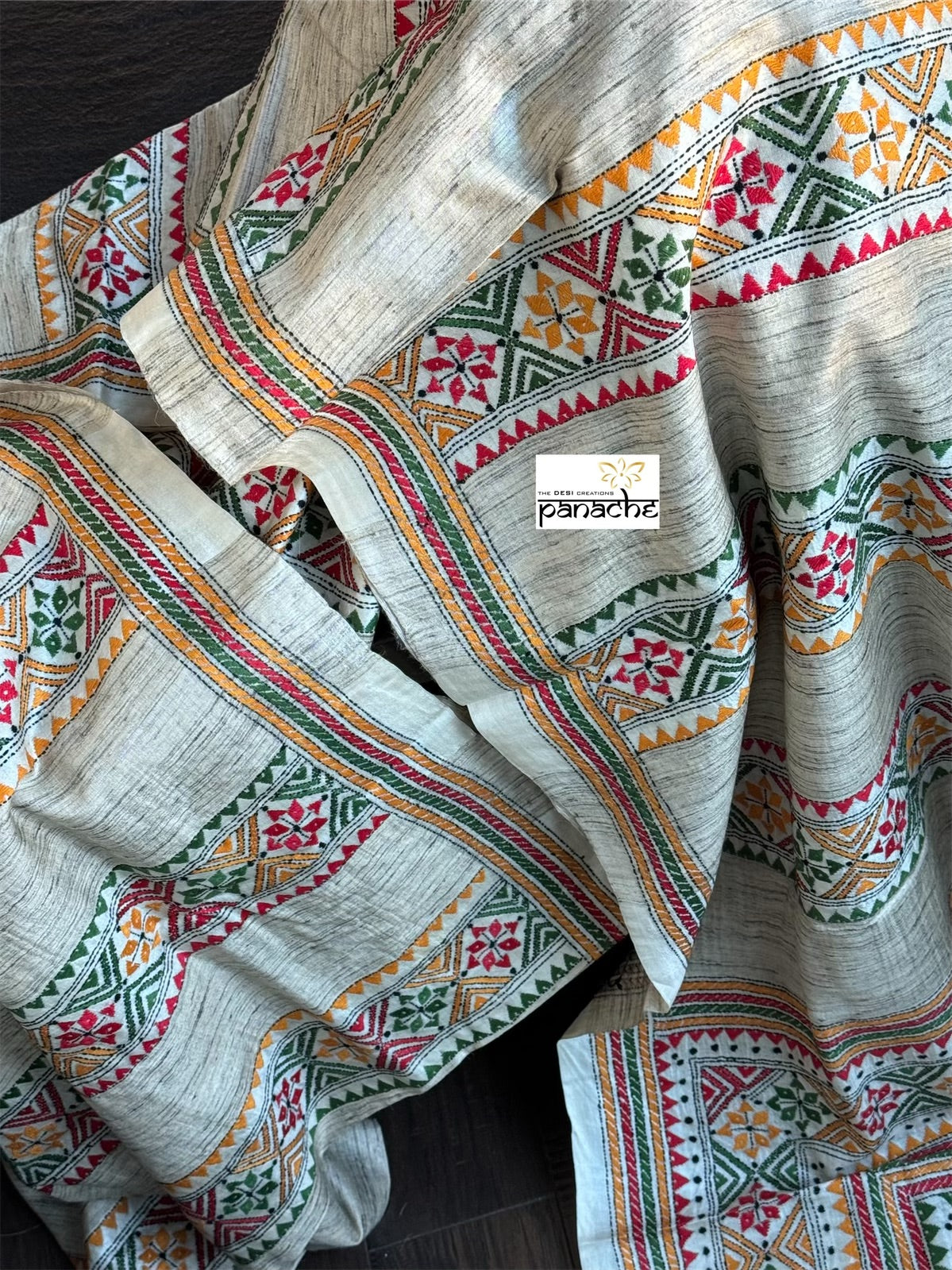 Pure Tussar Silk Kantha Stitch - Beige Multi color