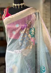 Handwoven Pure Tissue Net Organza Silk Saree with Zari Border & Multicolor Floral Motifs – Lightweight Festive Wear | Ships from USA