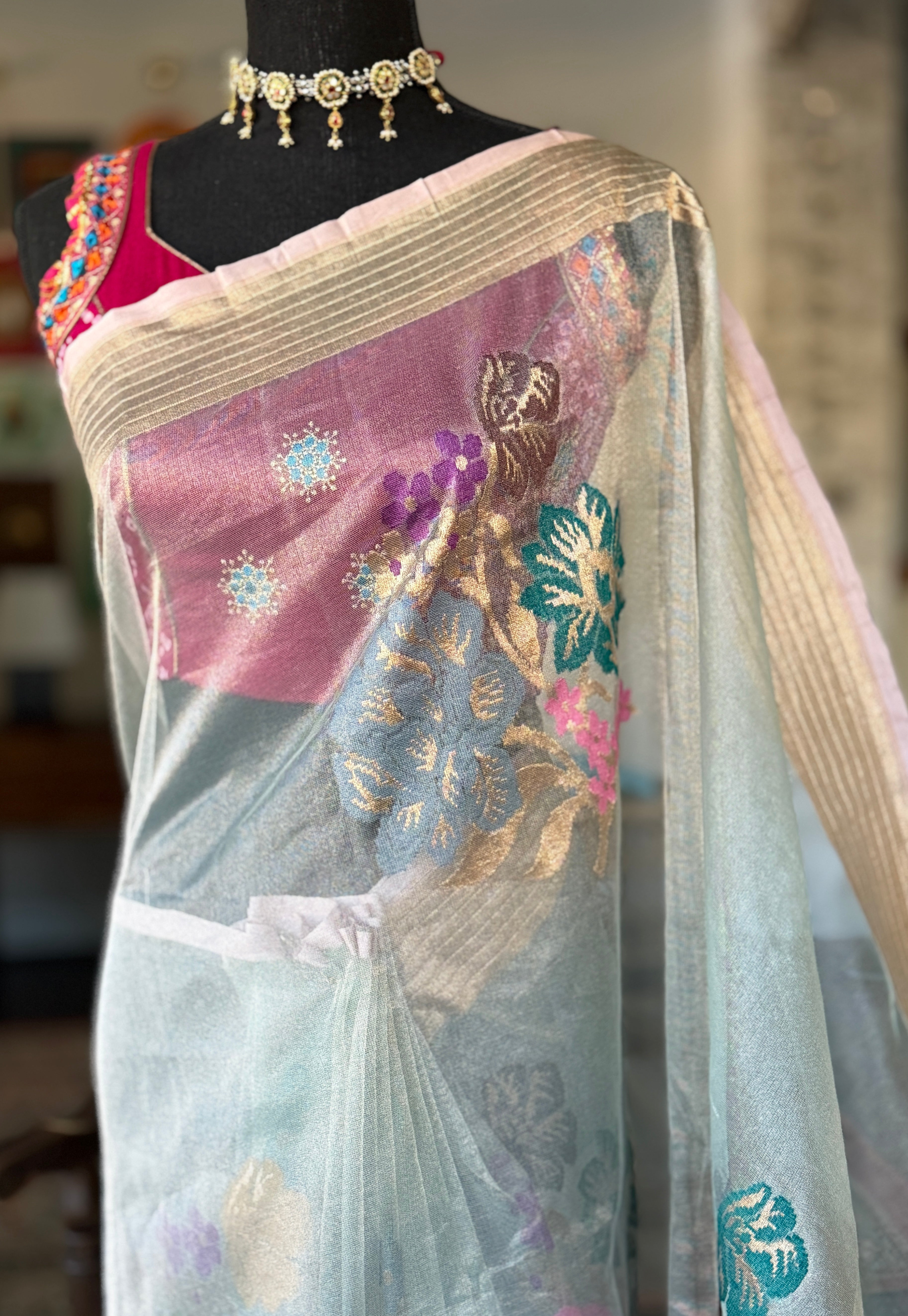 Handwoven Pure Tissue Net Organza Silk Saree with Zari Border & Multicolor Floral Motifs – Lightweight Festive Wear | Ships from USA