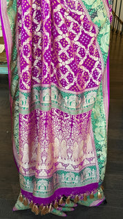 Bandhej Khaddi Georgette Banarasi - Purple Green