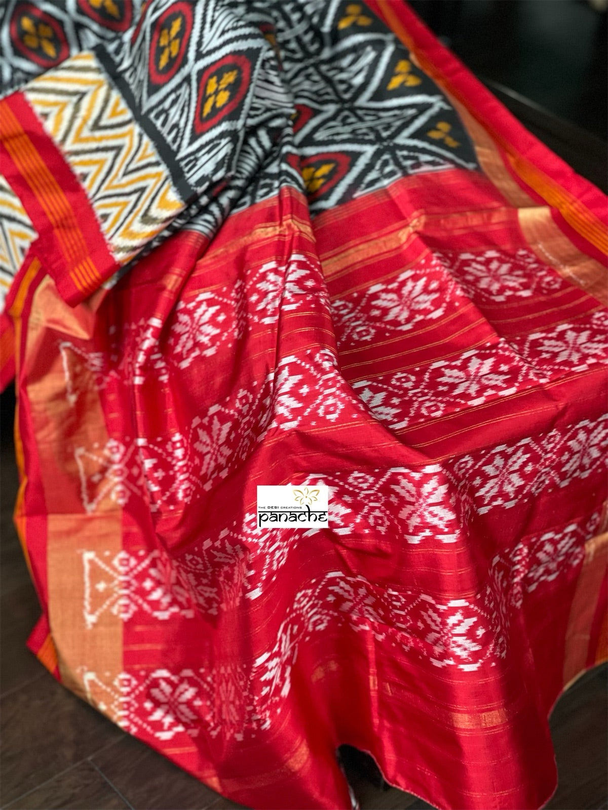 Pure Silk Ikat -  Black Red Yellow Pochampally