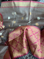 Pure Kora by Katan Silk Kadwa Banarasi - Light Grey Mauve Antique Zari