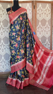 Printed Tussar Silk Kantha Stitch - Black