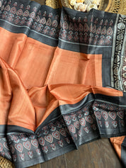 Pure Tussar Silk - Rust Orange Black Ajrakh