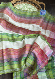 Pure Khadi Cotton - Off White Green Multicolor Striped Woven