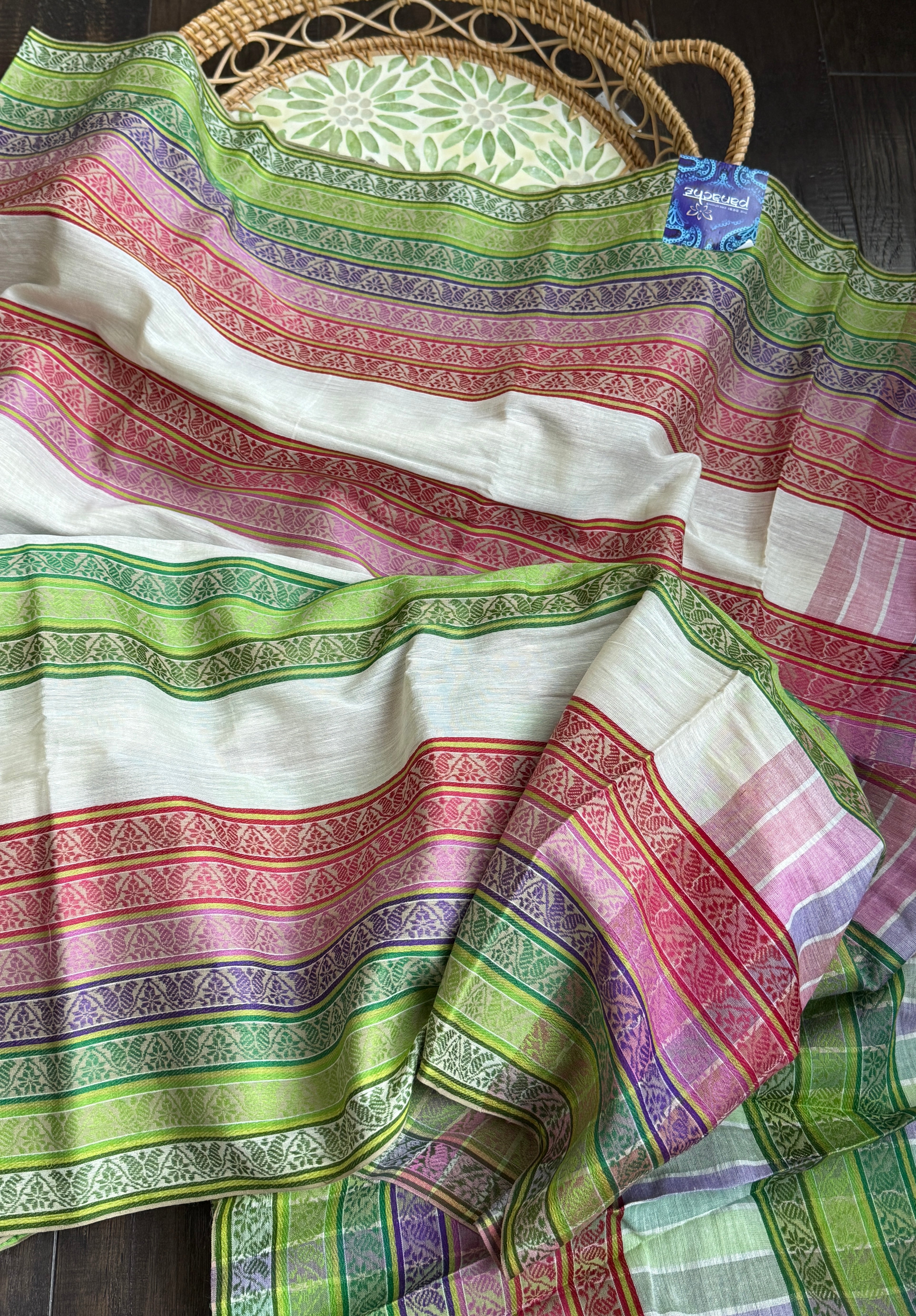 Pure Khadi Cotton - Off White Green Multicolor Striped Woven