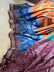 Gopalpur Tussar Silk Ikat - Sea green Plum Orange