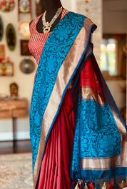 Tussar Silk Banarasi - Red Blue Kadwa