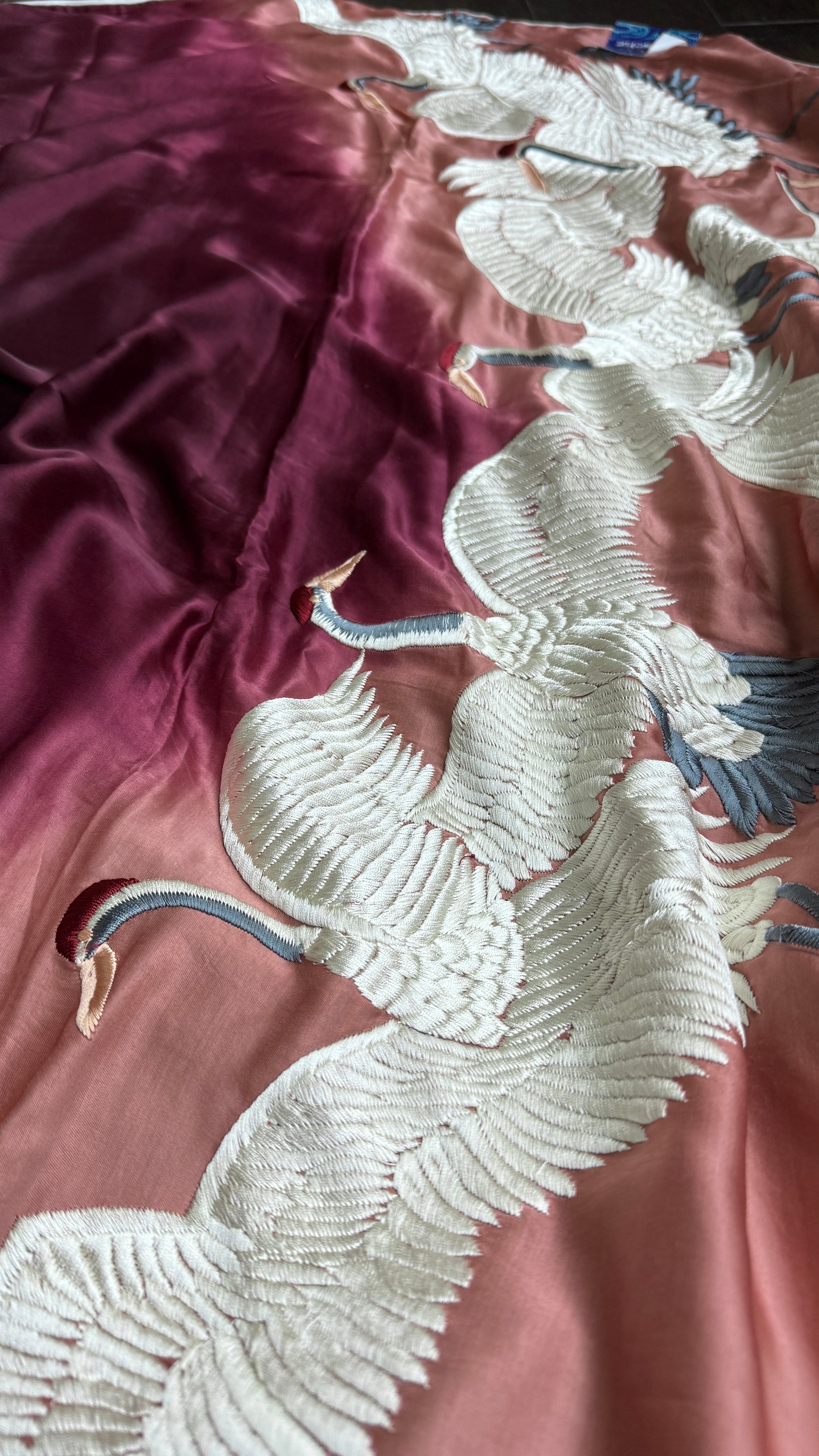 Designer Crepe Satin Silk Shaded - Wine Color Parsi Gara embroidered
