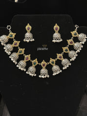 Jhumki Necklace Earring Set 925 Silver - Dual tone Temple Stone