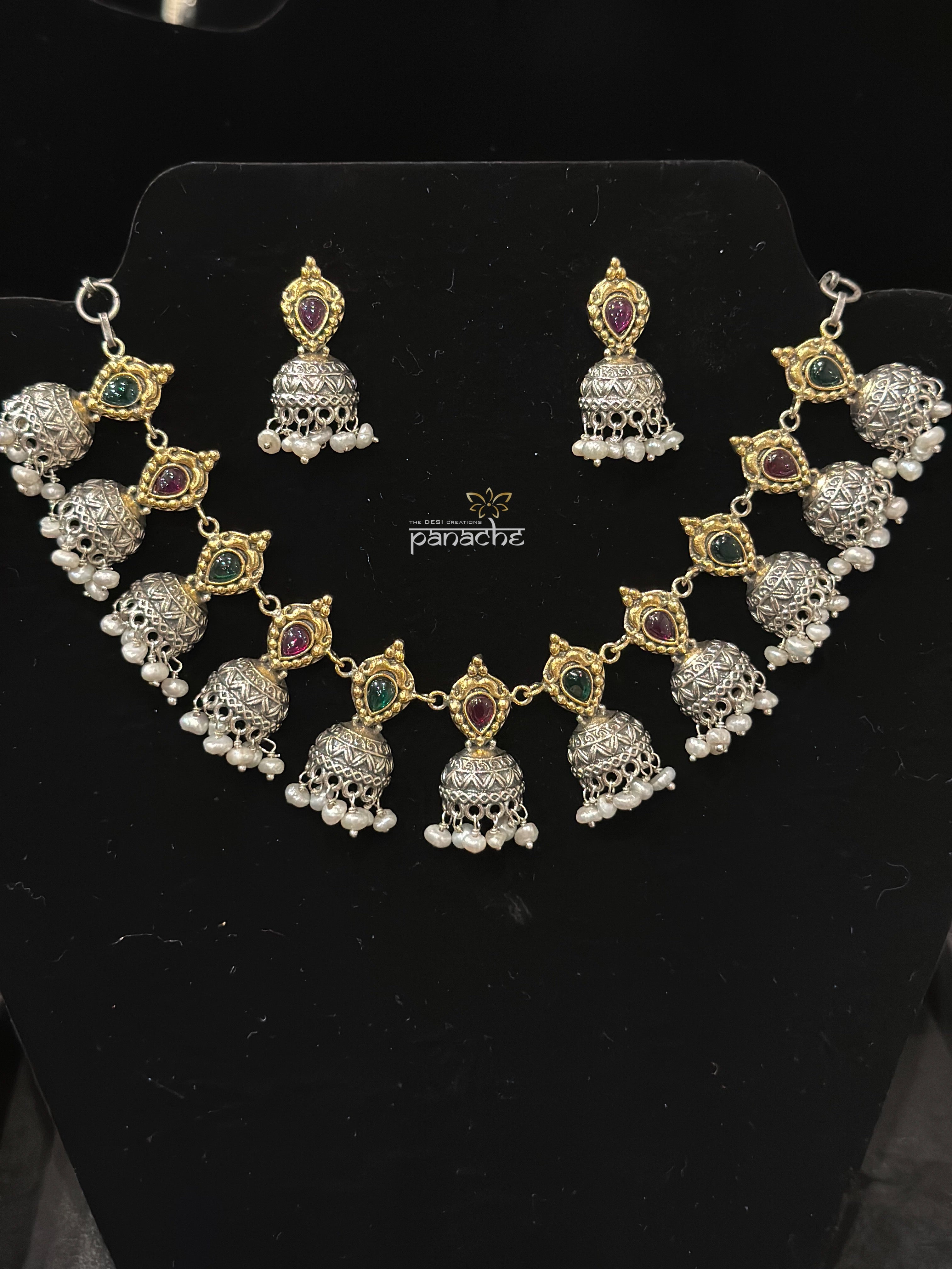 Jhumki Necklace Earring Set 925 Silver - Dual tone Temple Stone