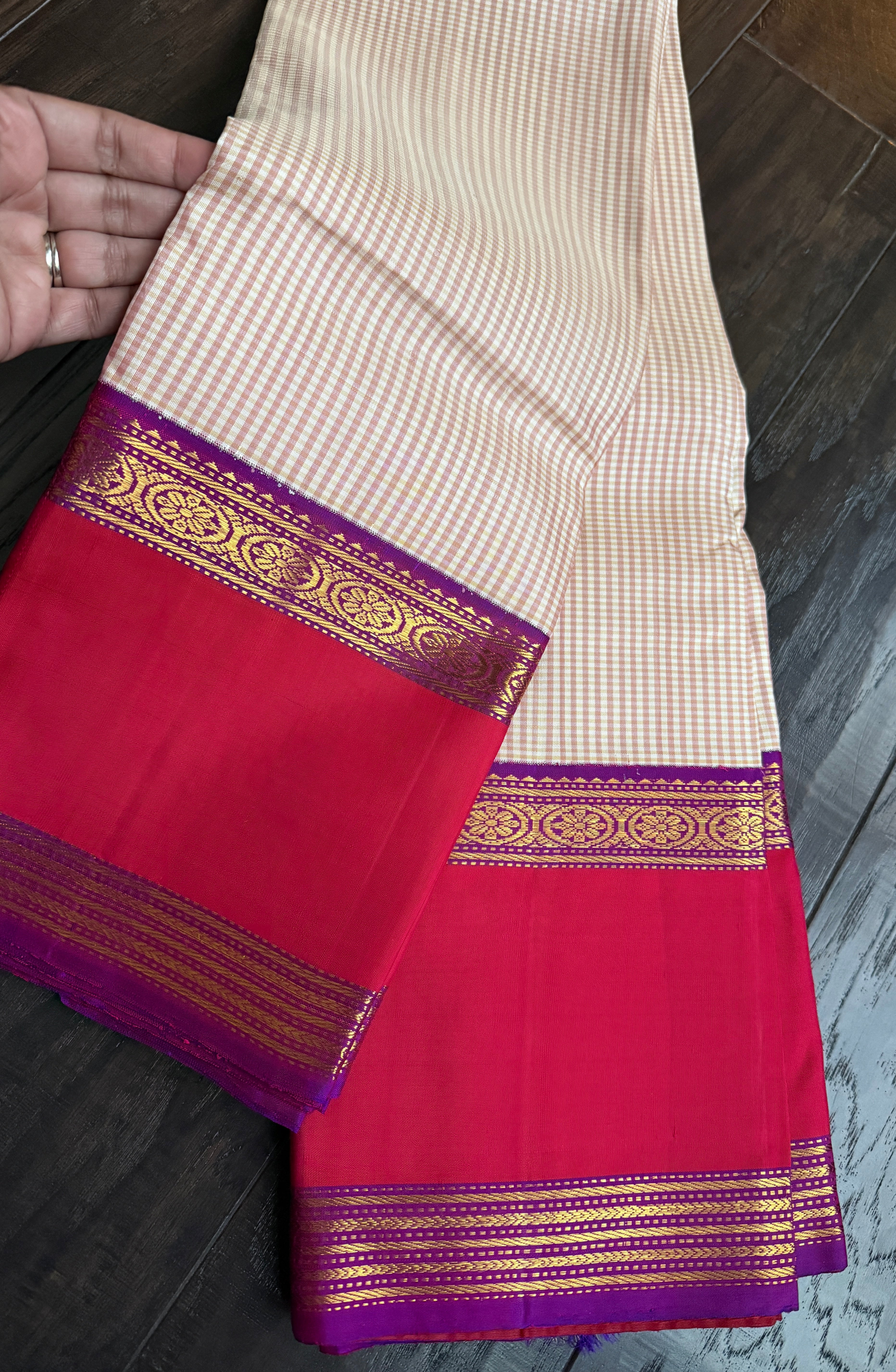 Pure Silk Kanjivaram - Cream Purple Magenta 2g Pure Zari