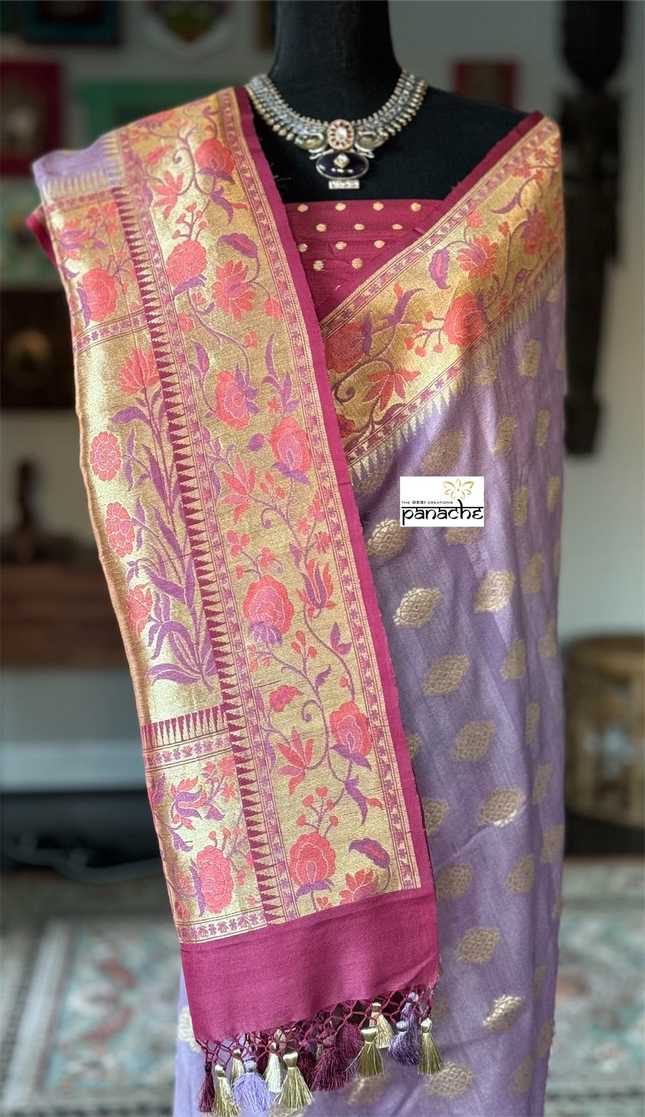 Khaddi Tussar Banarasi -  Light Purple Mauve Tilfi Antique Zari