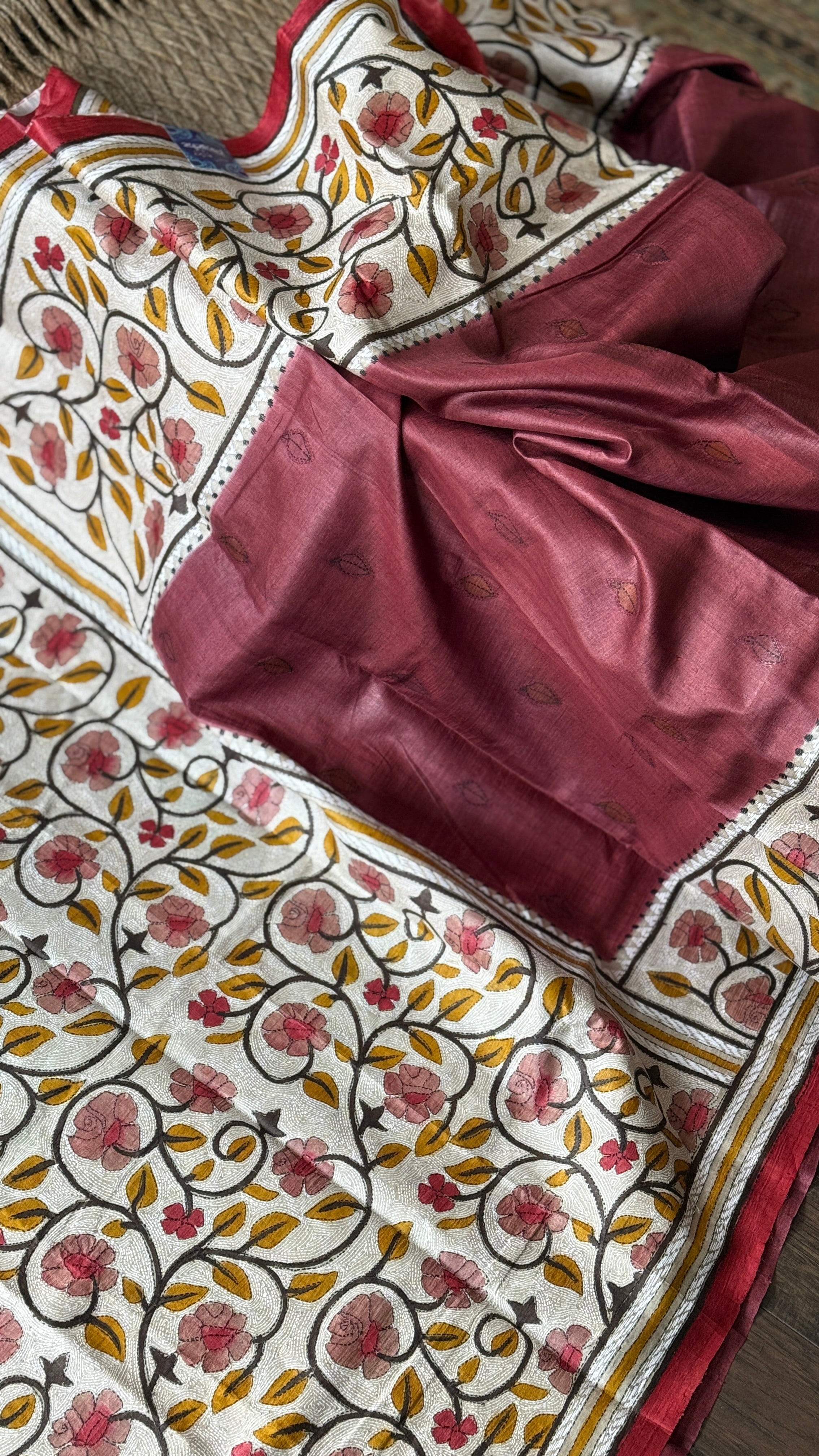Pure Tussar Silk Kantha Stitch -  Maroon Beige