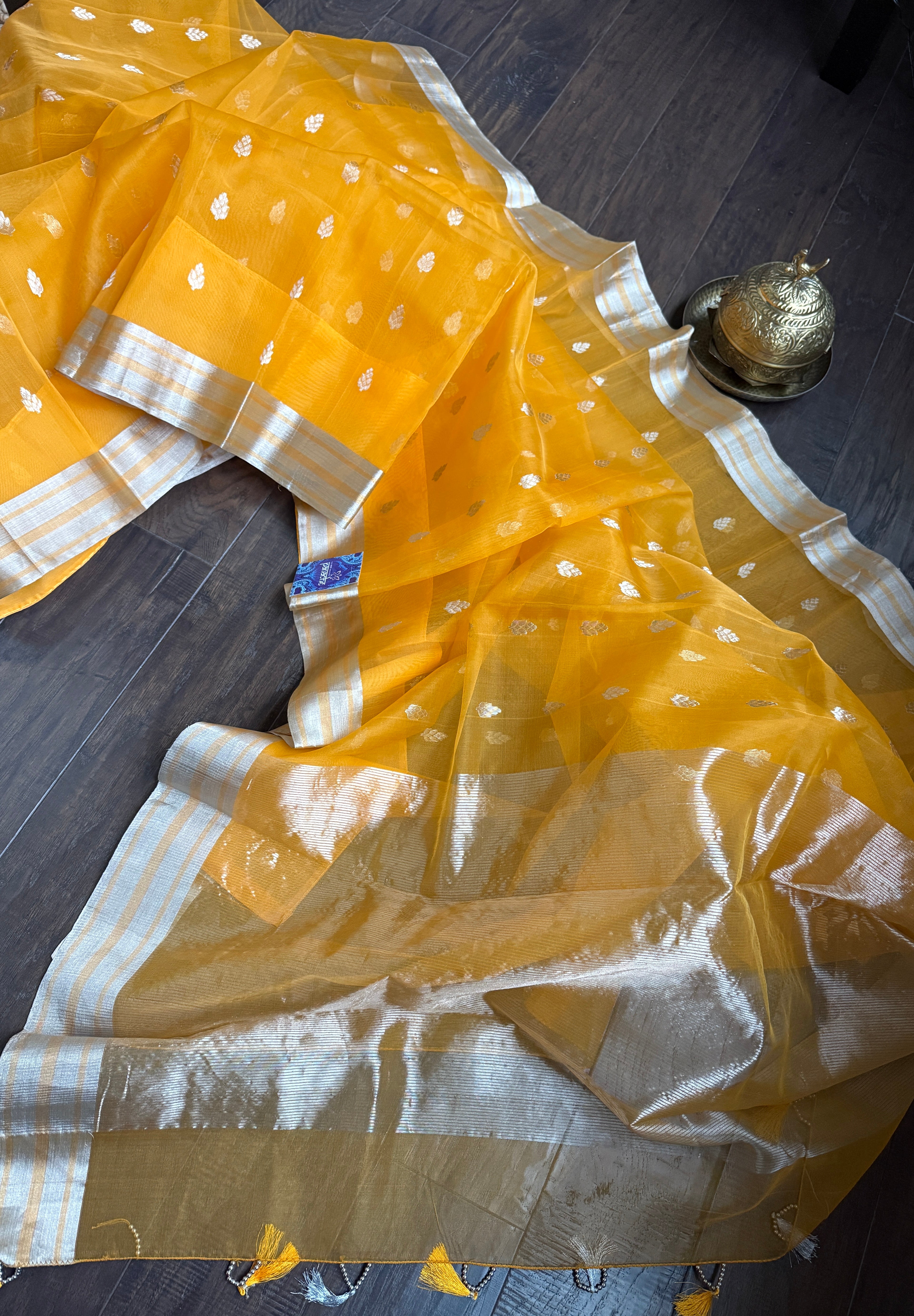 Pure Chanderi Organza Silk - Sunrise Orange Silver Zari