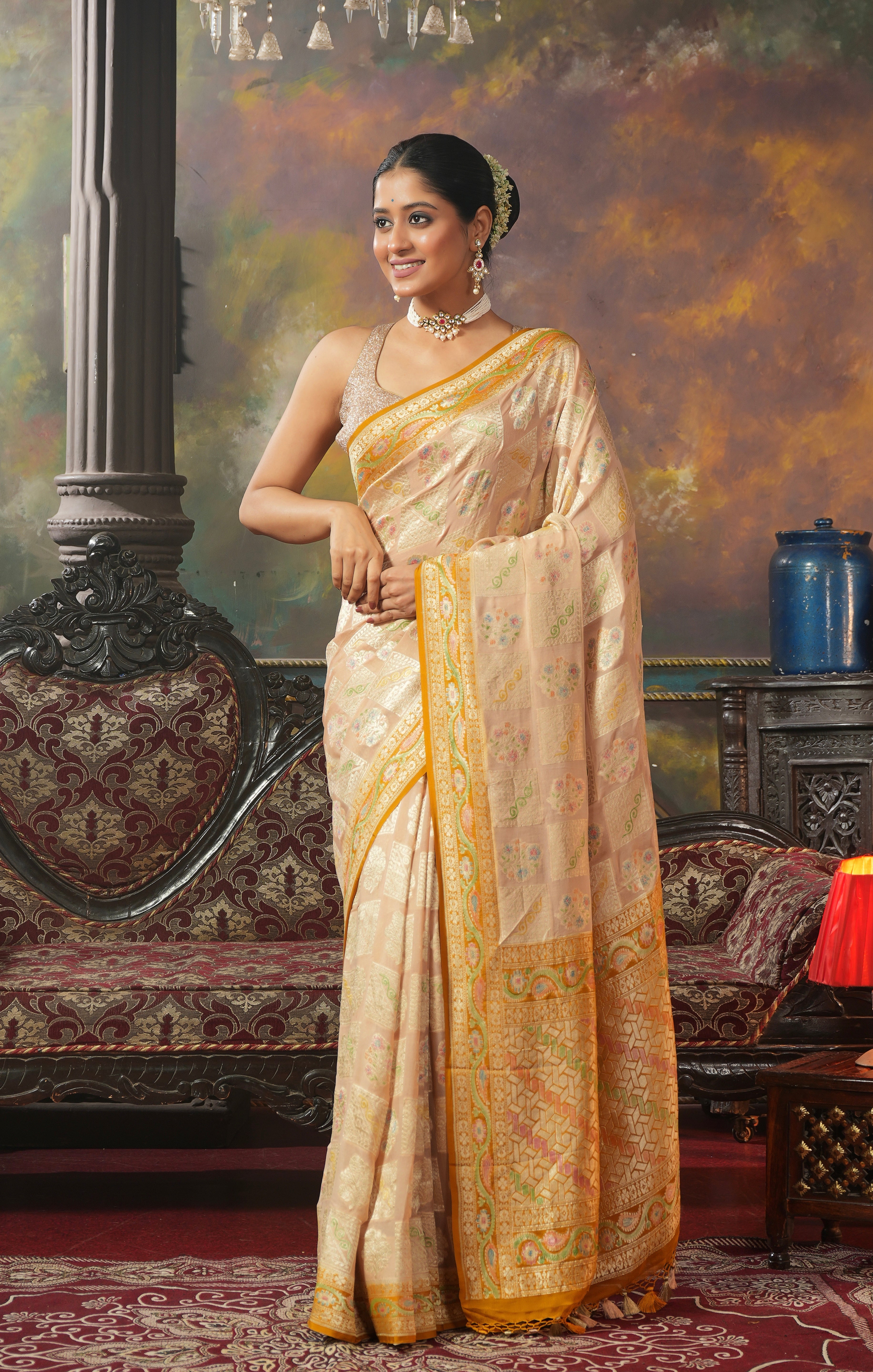 Khaddi Georgette Banarasi - Light Peach Cream Hand Brush Painted