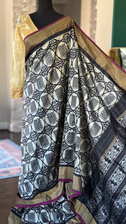 Pure Silk Ikat -  Silver Grey Black Pochampally