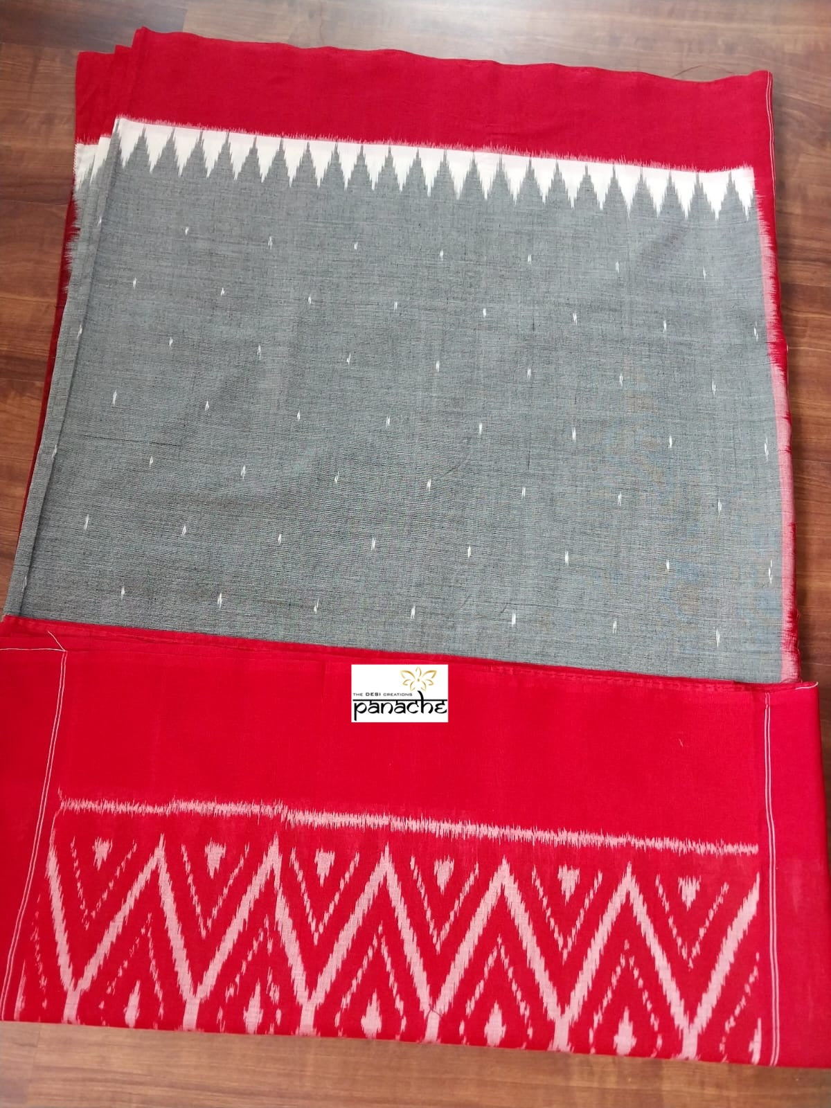 Pure Cotton Ikat - Grey Red Pochampolly