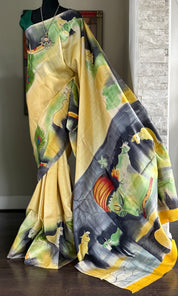 Pure Tussar Silk - Light Lemon Yellow Hand Painted